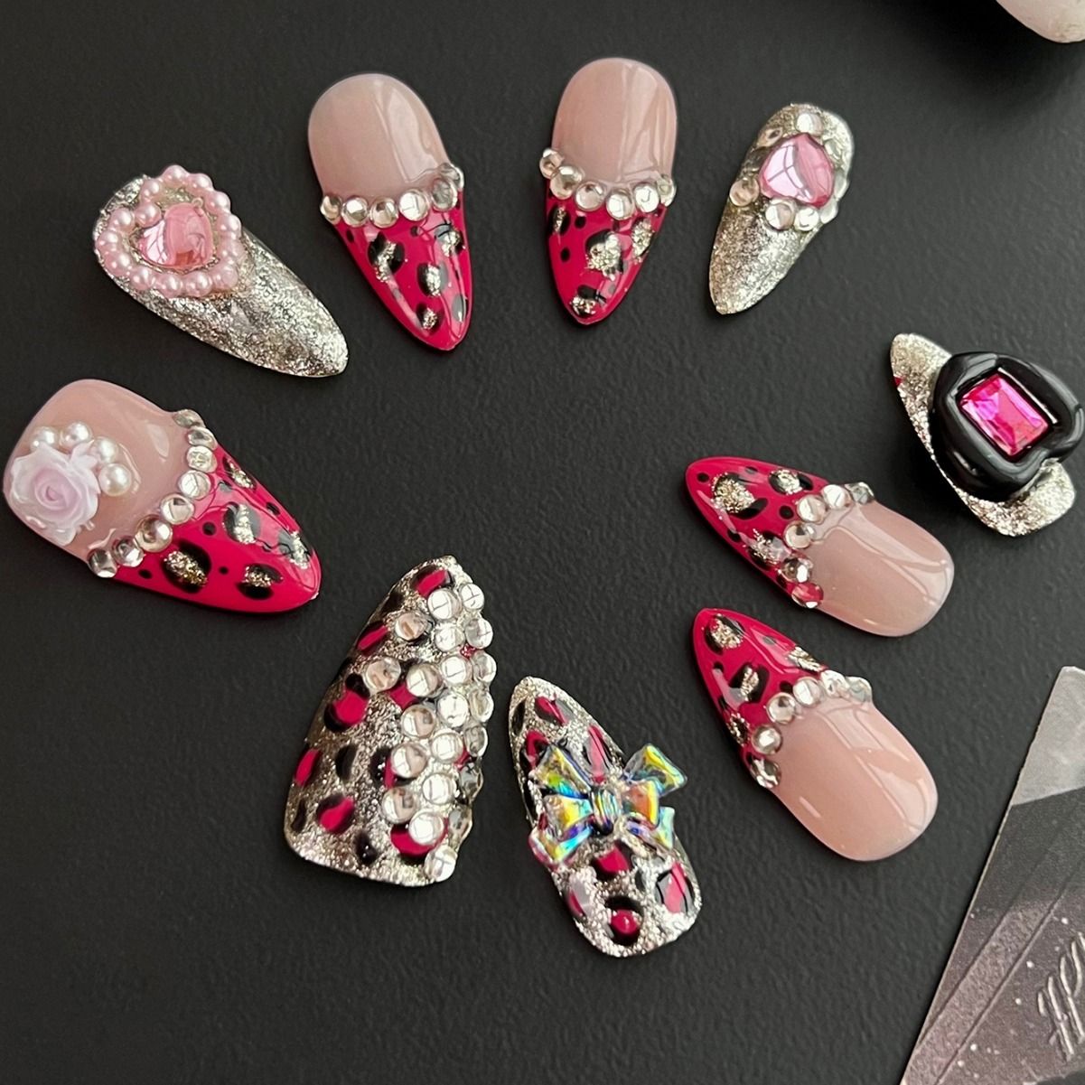 pink leopard print popping glue AB diamond sticker press on nails SUXR
