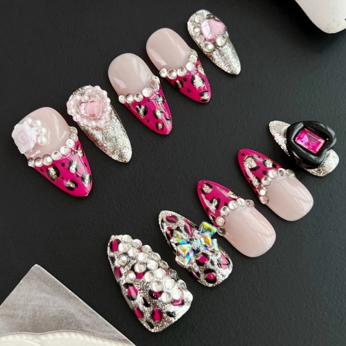 pink leopard print popping glue AB diamond sticker press on nails SUXR