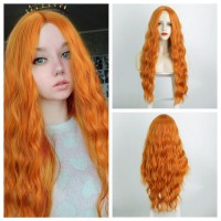 Long Orange Wavy Wig for Women 28 Inch Middle Part Curly Wavy Wig Natural Looking Synthetic Heat Resistant Fiber Wig for Daily Party Use