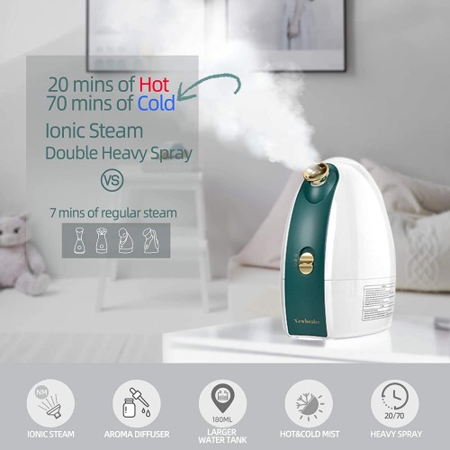 Newbealer Facial Steamer 3-in-1 Nano Ionic Face Humidifier with Hot and Cold Mist - Home Facial Spa with Aromatherapy Design for Women Men - Sinuses Moisturizing Cleansing Pores Skin Care