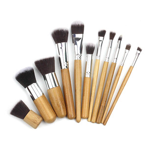 Custom Wholesale 11 Pcs Cosmetic Brushes Bamboo Makeup Brush Set With Bag In Stock