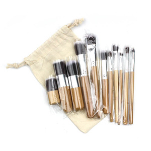 Custom Wholesale 11 Pcs Cosmetic Brushes Bamboo Makeup Brush Set With Bag In Stock