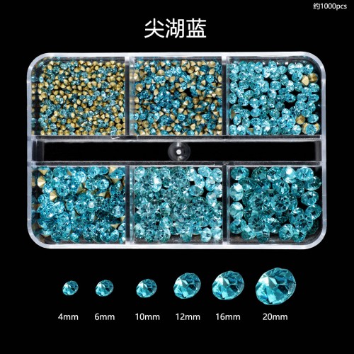 Cross-border hot-selling nail art diamonds, nail jewelry, flashing, 6 grids, high silver nail flat bottom drills, pointed bottom drills, stacked drills, mixed loads